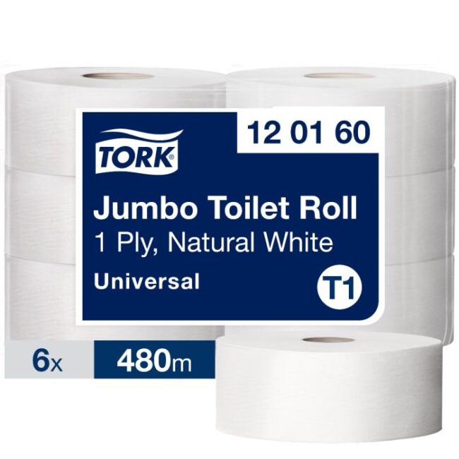 TORK 120160 JUMBO TOILETROLLEN 120160 T1 1-LGS WIT 480 MTR X 10 CM PAK À 6 ROL/2400 VEL