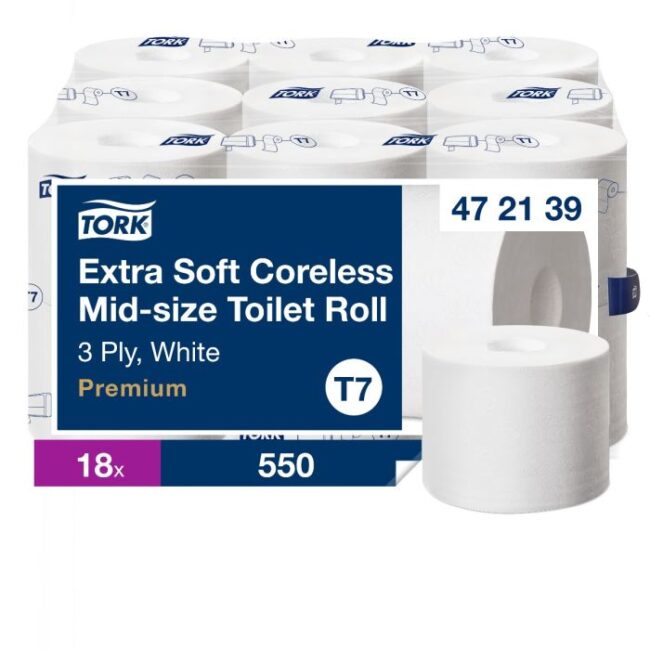 TORK 472139 EXTRA ZACHT HULSLOOS MID-SIZE 3-LGS WIT 69 MTR X 10 CM PAK À 18 ROL/550 VEL